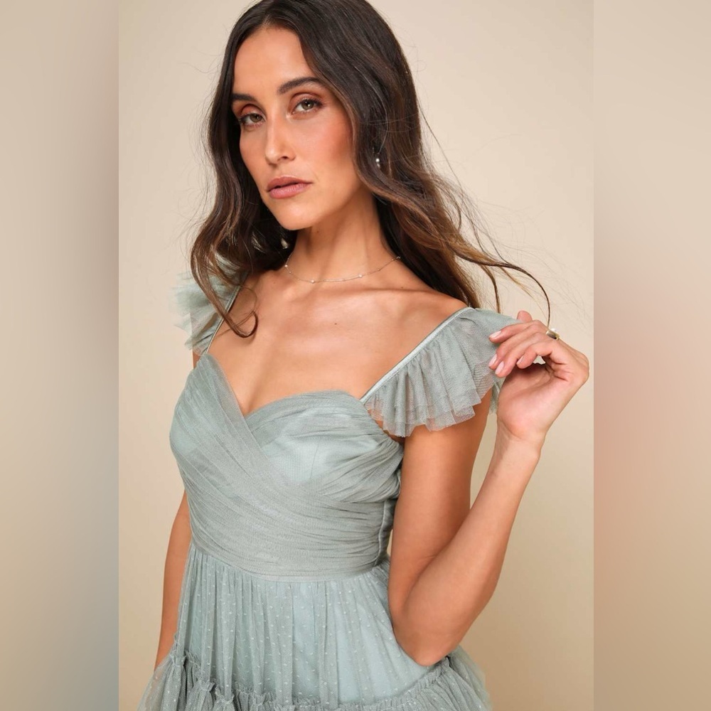 Lulus Pure Radiance Sage Brush Mesh Swiss Dot Tiered Maxi
Dress - Picture 2 of 6